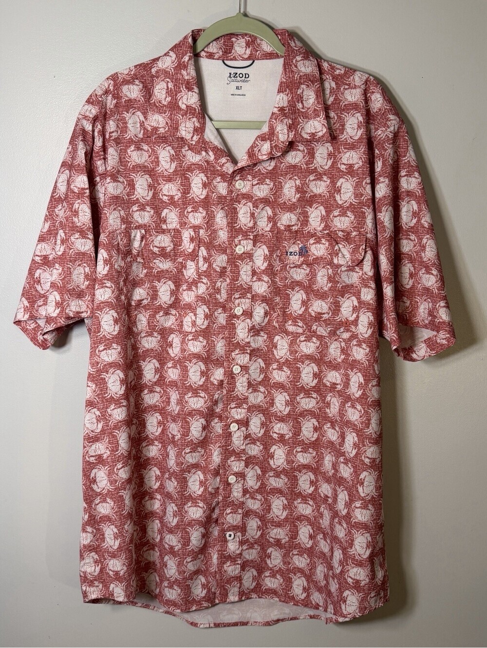 Izod Saltwater Red Crab Print Short Sleeve Lightweight Button Up Shirt XLT EUC
